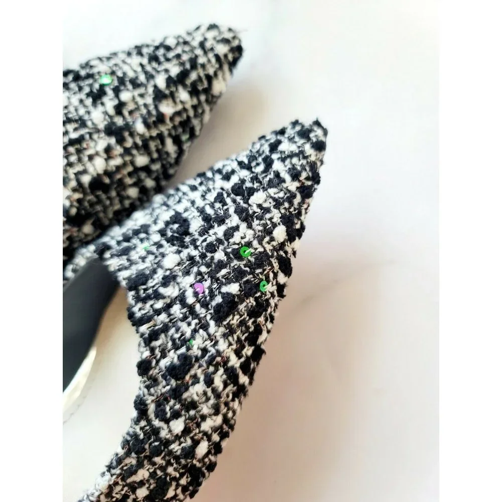 Zara Tweed Sequin Pointed Toe Black White Multicolor Slip On Shoes Heels 37 6.5_5